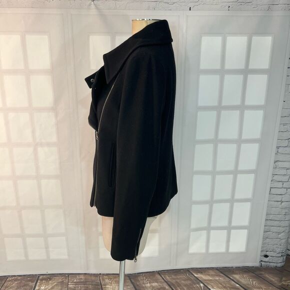 Calvin Klein Black Asymmetric Zip Wool Blend Spread Collar Moto Jacket Size 12 - Picture 6 of 10